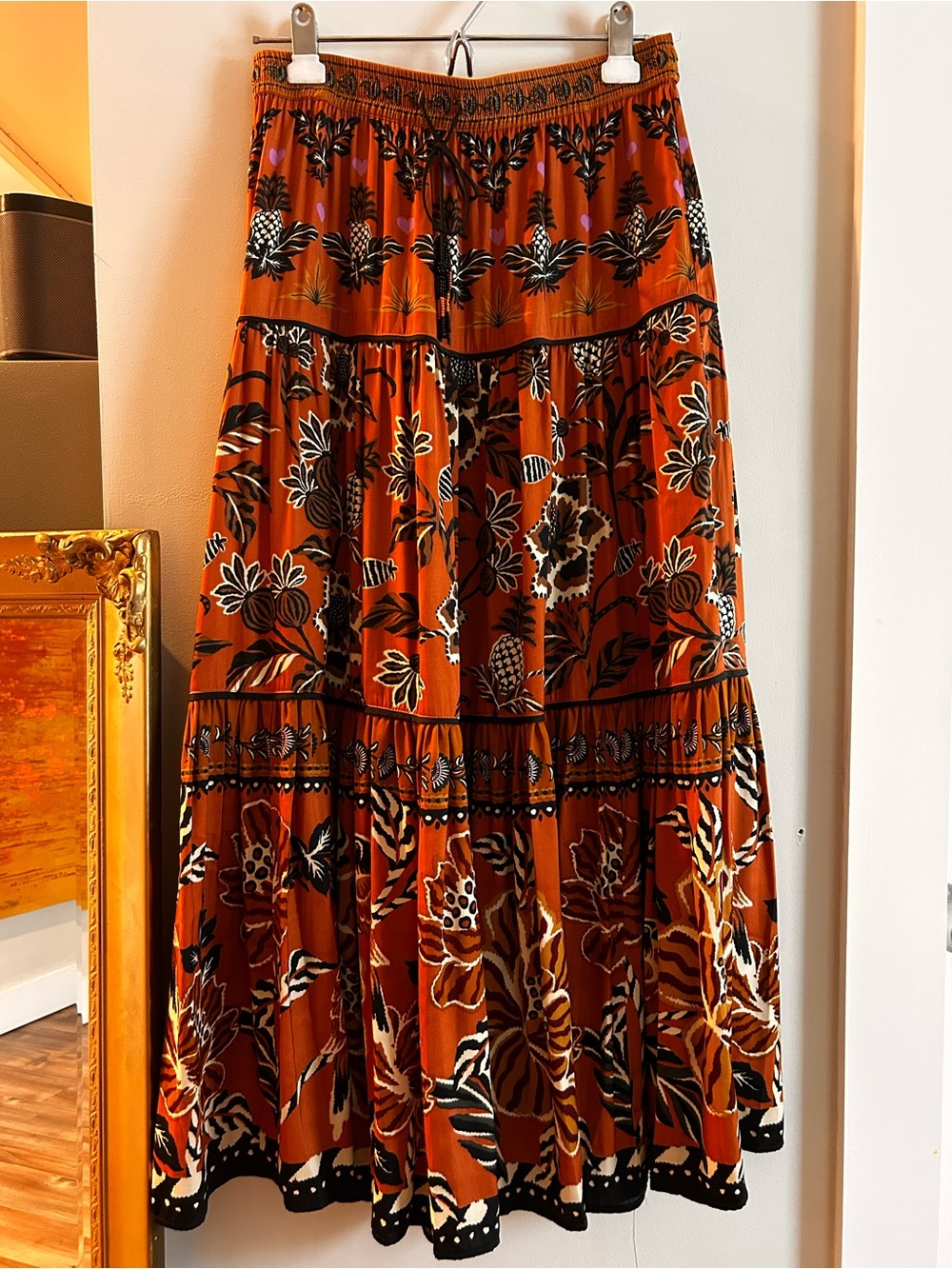 Rachel Zoe Tiered Rust Floral Maxi Skirt Size M